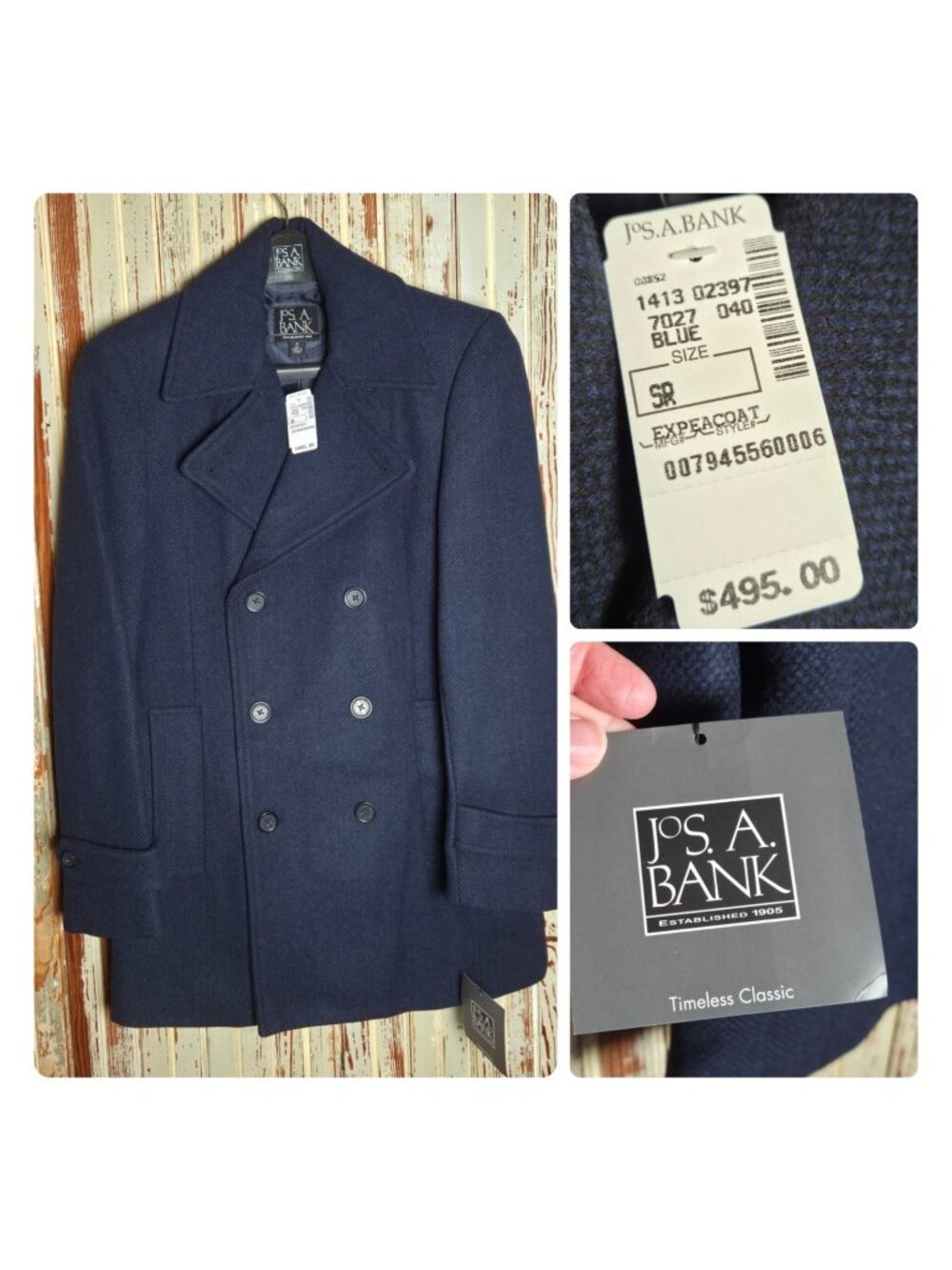 NEW Jos A Bank Wool Blend Double Breasted Pea Coat Men's Small